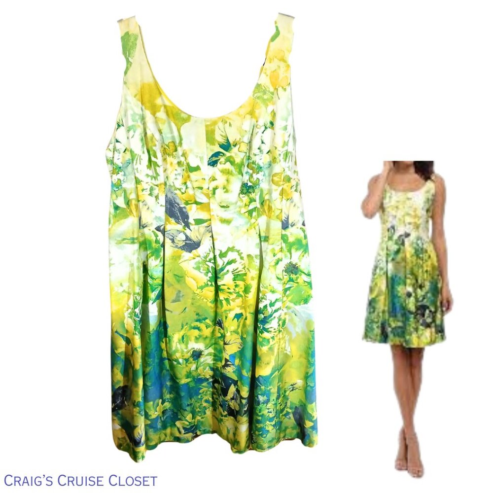 Nine West Yellow Green Floral Scoop Neck A-Line Dress